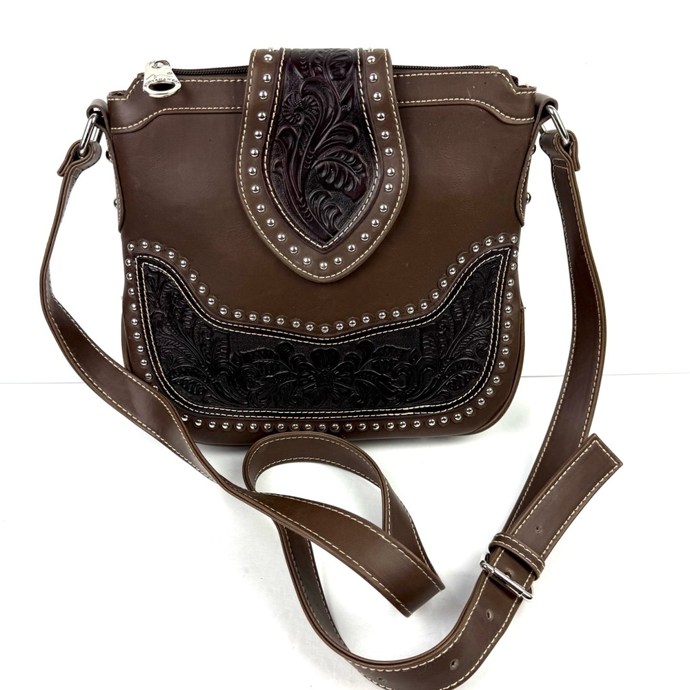Montana West Conceal Carry Handbag Brown Tooled Faux‎ Leather Crossbody Bag
